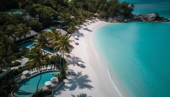 Turquoise water, palm trees, luxury vacation destination generated by AI photo