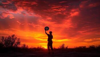 Silhouetted athletes playing tennis at sunset outdoors generated by AI photo