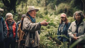 Active seniors enjoy adventure hiking and exploring nature generated by AI photo