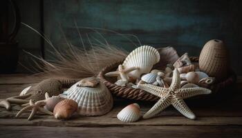 Sea life collection on rustic blue plank table generated by AI photo