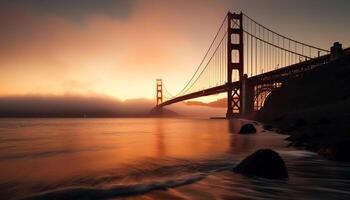 Golden suspension bridge reflects on tranquil waters generated by AI photo