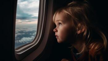 sonriente niño acecho puesta de sol en avión ventana generado por ai foto