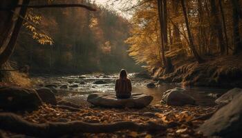 Meditating alone in serene forest landscape generated by AI photo