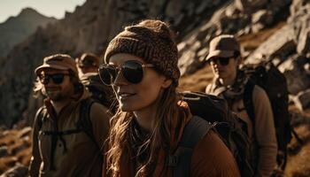 Young adults hiking in a carefree forest adventure generated by AI photo