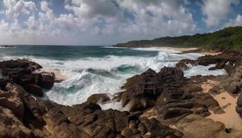 Sun sets on tranquil coastline, nature beauty generated by AI photo