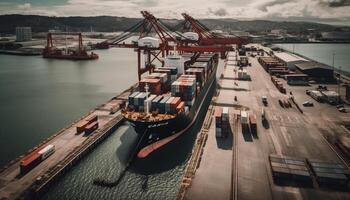 envase Embarcacion que lleva carga descarga a muelle muelle generado por ai foto