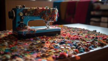 Colorful spools, sewing tools, fabric and creativity generated by AI photo