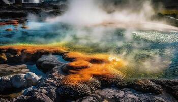 Majestic geysers reflect multi colored sunset on water generated by AI photo