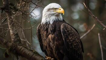 Majestic bald eagle perched on forest branch generated by AI photo