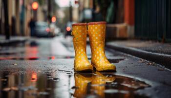 Yellow rubber boots splash through puddles at night generated by AI photo