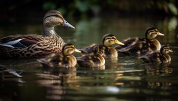 Mallard duck family reflects in tranquil pond generated by AI photo