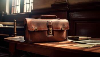 Leather old fashioned suitcase on wooden table top generated by AI photo