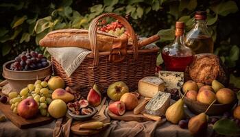 cosechado bondad en picnic cesta con vino generado por ai foto