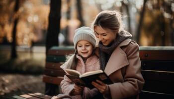 Two cute girls smiling, reading a book generated by AI photo