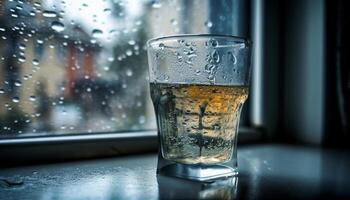 Raindrop on glass reflects nature refreshing design generated by AI photo