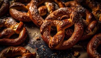 salado pretzels apilado alto, Perfecto indulgencia bocadillo generado por ai foto