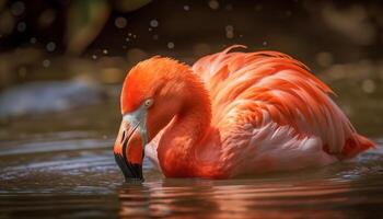 Pink Flamingo Majestic Beauty Shines in Pond generated by AI photo