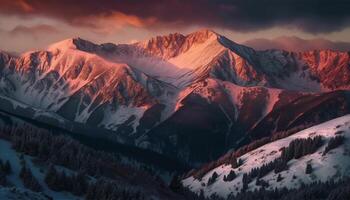 Majestic winter mountain range, tranquil pine meadow generated by AI photo