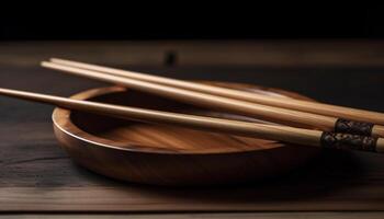 bambú palillos en Sushi plato traer tradicion generado por ai foto