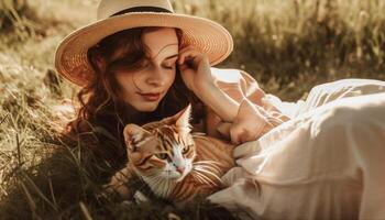 joven mujer disfrutando el belleza en naturaleza generado por ai foto