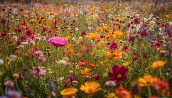 Multi colored wildflowers bloom in tranquil meadow generated by AI photo