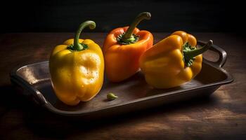 Vibrant yellow and red bell peppers shine freshness generated by AI photo