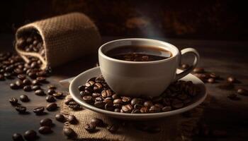 Fresh roasted coffee bean fills steamy mug generated by AI photo