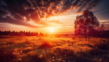 Silhouette of tree against vibrant sunset sky generated by AI photo