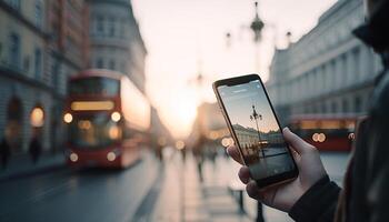 urbano horizonte iluminado con doble decker autobús prisa hora generado por ai foto