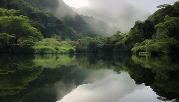 Tranquil scene of forest reflecting in pond generated by AI photo