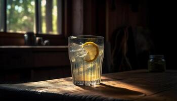 Refreshing cocktail on wooden table with citrus slices generated by AI photo