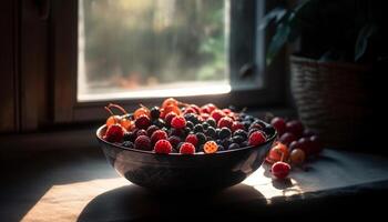 Fresh berry bowl on rustic wooden table generated by AI photo