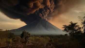 montaña pico en erupción en ardiente destrucción generado por ai foto