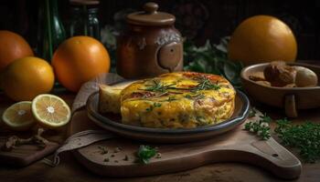 rústico comida en de madera mesa con Fresco ingredientes generado por ai foto