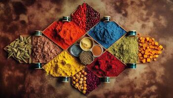 Spice up food with multi colored seasoning variation generated by AI photo