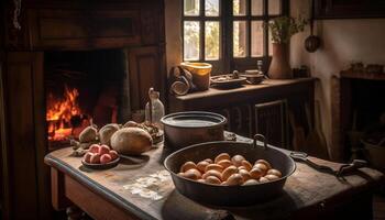 Freshly baked, organic tomato bread in cast iron generated by AI photo