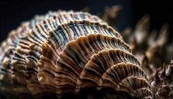 Yellow scallop shell, intricate spiral pattern close up generated by AI photo