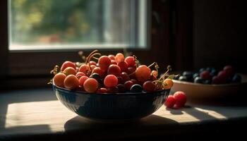 Juicy berry fruit bowl adds freshness to summer generated by AI photo