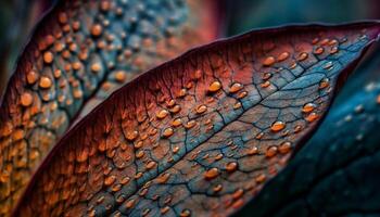 Vibrant leaf dewdrop pattern magnified in nature generated by AI photo