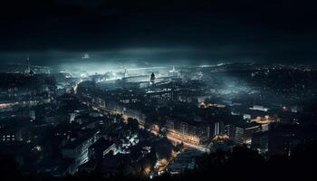 un panorámico ciudad horizonte ilumina el noche generado por ai foto