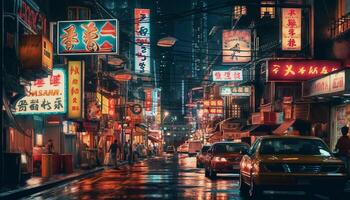 Neon lights illuminate the busy Chinese city generated by AI photo