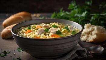 Rustic bowl of fresh vegetable soup and bread generated by AI photo