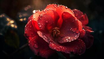 Vibrant pink dew drops adorn flower petal generated by AI photo