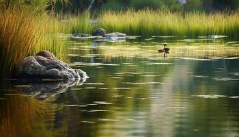 Mallard duck swims peacefully in forest pond generated by AI photo