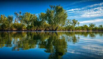 Vibrant yellow meadow reflects on tranquil pond generated by AI photo