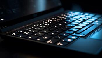 resumen moderno ordenador portátil iluminado en oscuro antecedentes generado por ai foto