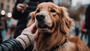 Cheerful owner holds playful puppy, both smiling generated by AI photo