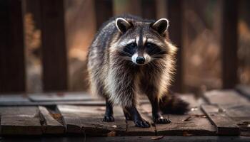 mullido mapache sentado en el madera bosque generado por ai foto