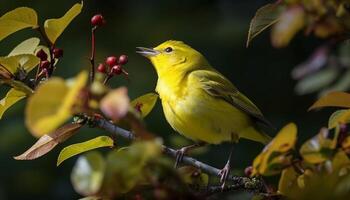 Small weaverbird perching on colorful branch, singing melody generated by AI photo