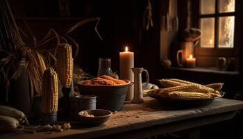 Rustic table set with homemade bread and pumpkin generated by AI photo